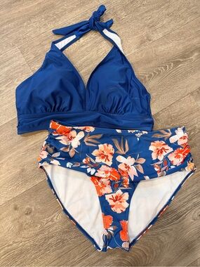 Blue Floral Two-Piece Halter Bikini